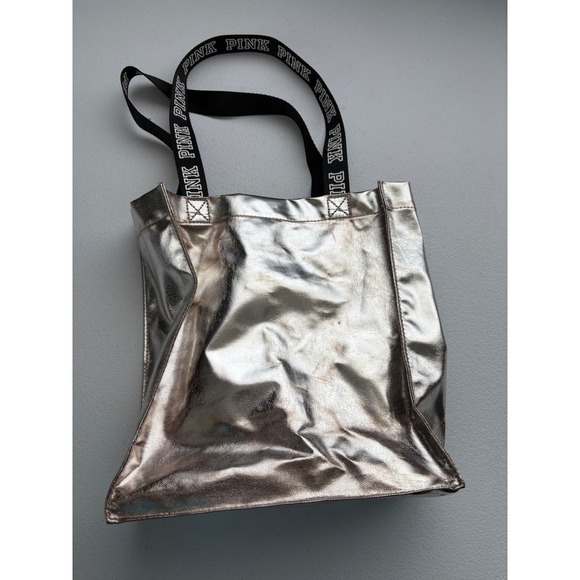 PINK Victoria's Secret Silver Metallic Tote Bag with Black Straps - Picture 2 of 4